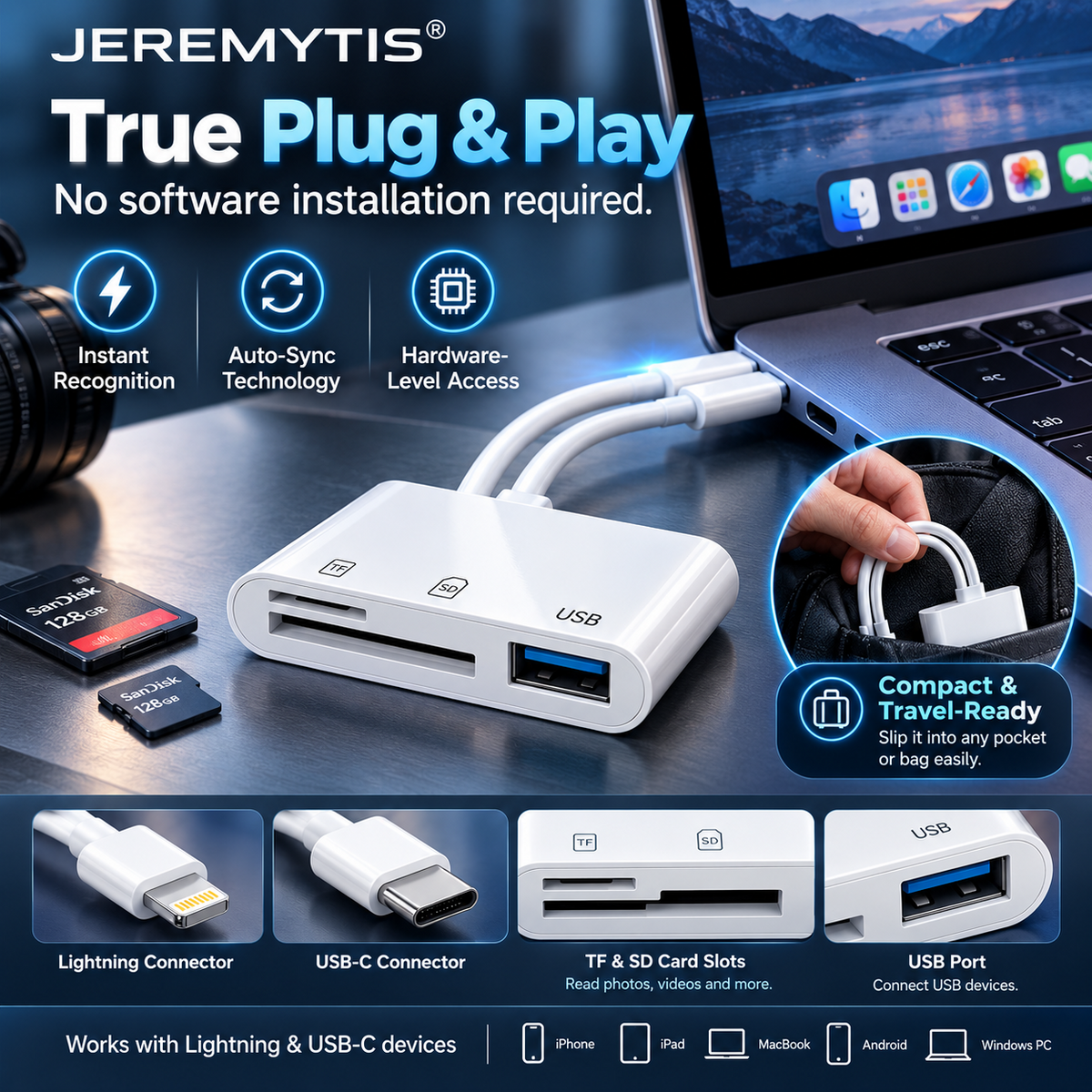 💾 5-in-1 Memory Card Reader | USB-C + 8-Pin