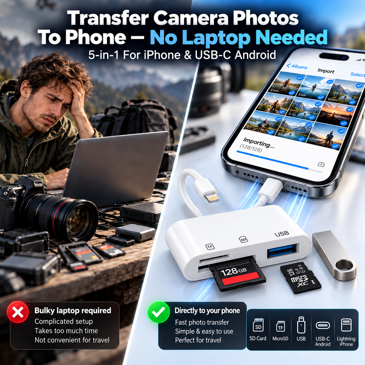 💾 5-in-1 Memory Card Reader | USB-C + 8-Pin
