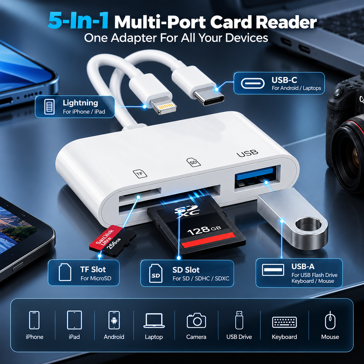 💾 5-in-1 Memory Card Reader | USB-C + 8-Pin