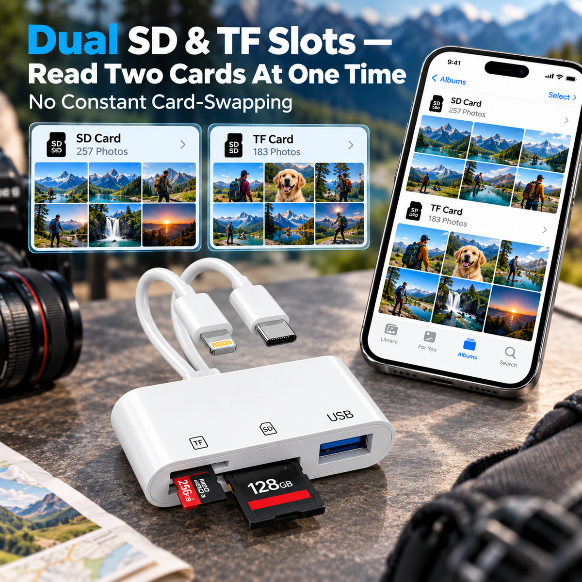 💾 5-in-1 Memory Card Reader | USB-C + 8-Pin