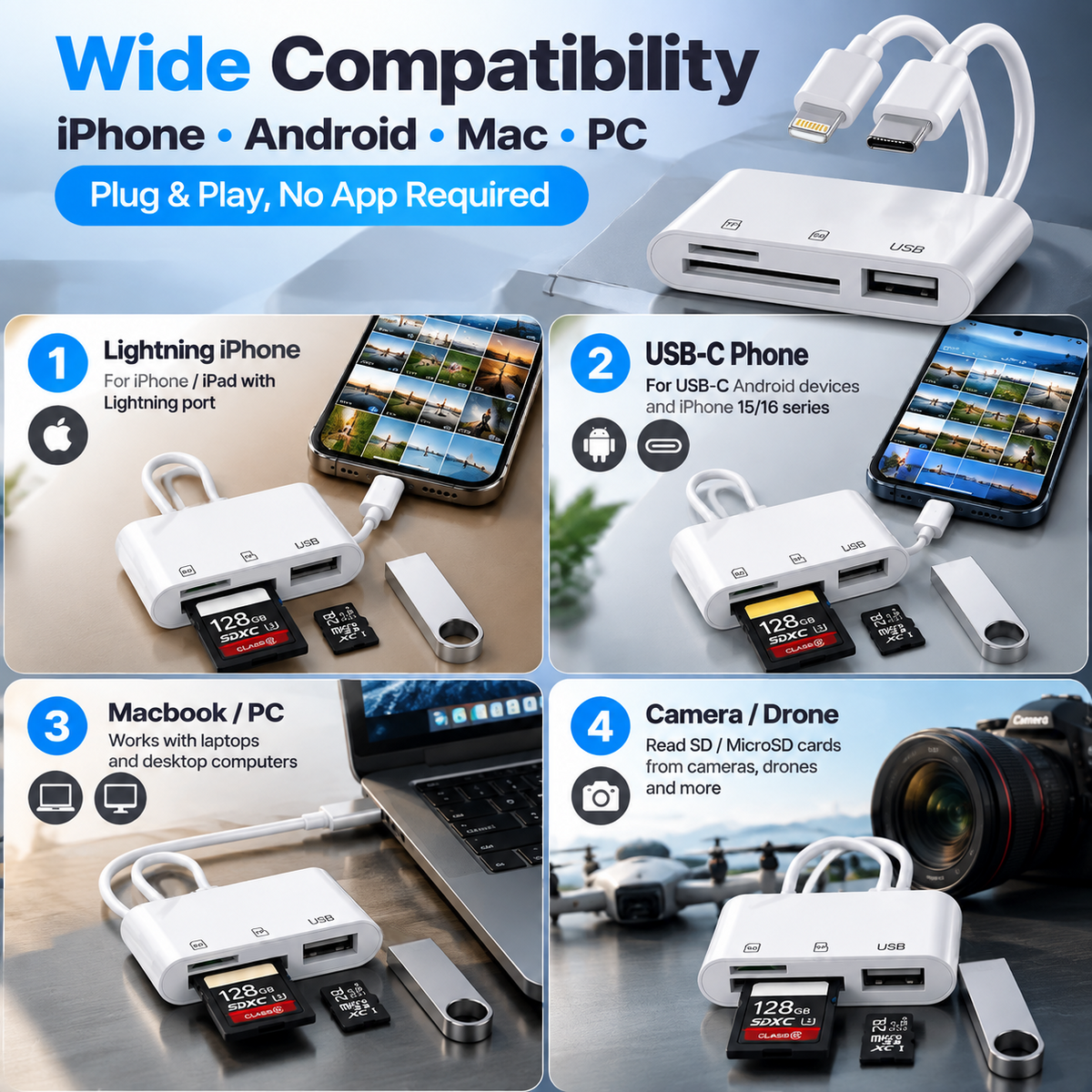 💾 5-in-1 Memory Card Reader | USB-C + 8-Pin
