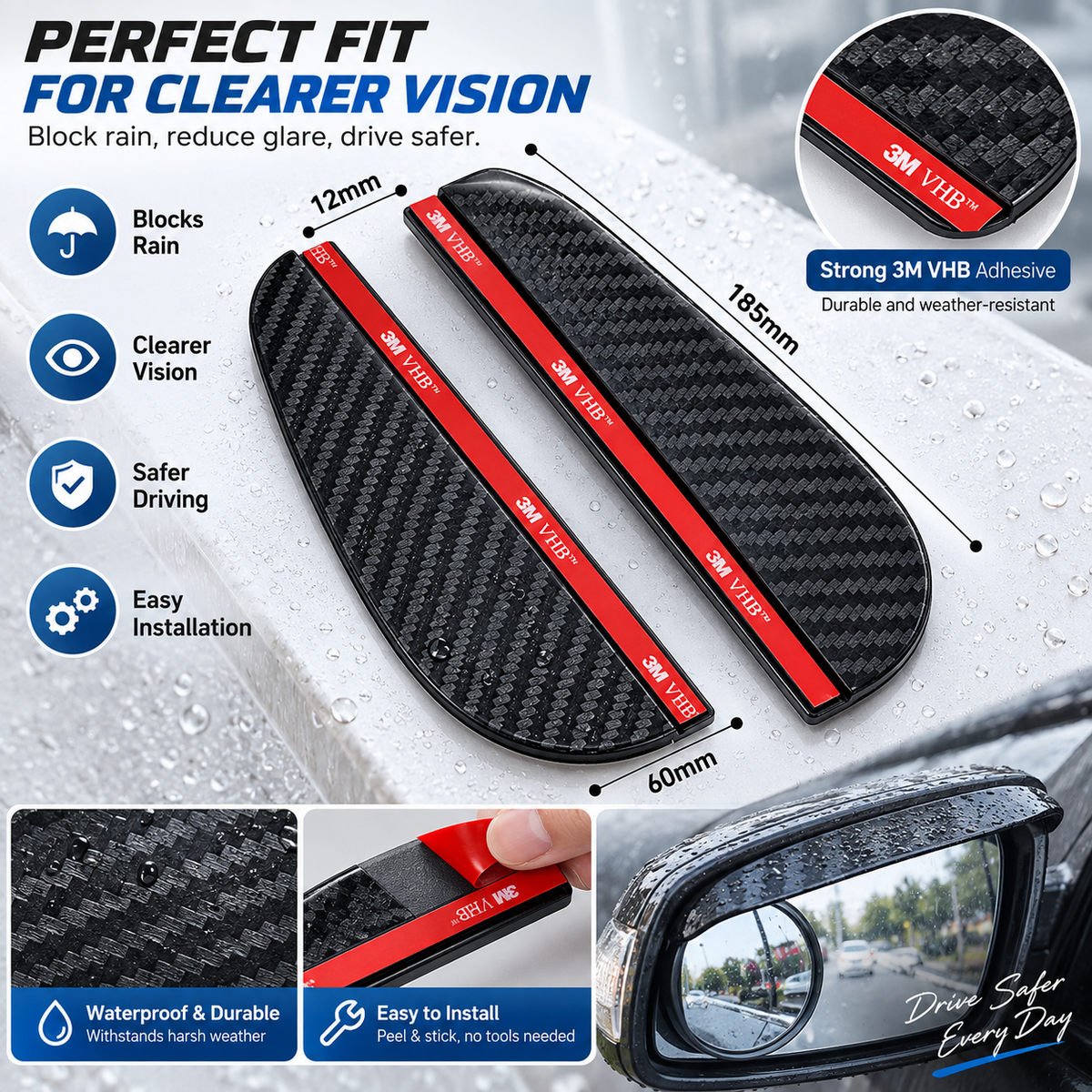 2PCS Car Side Mirror Rain Guards